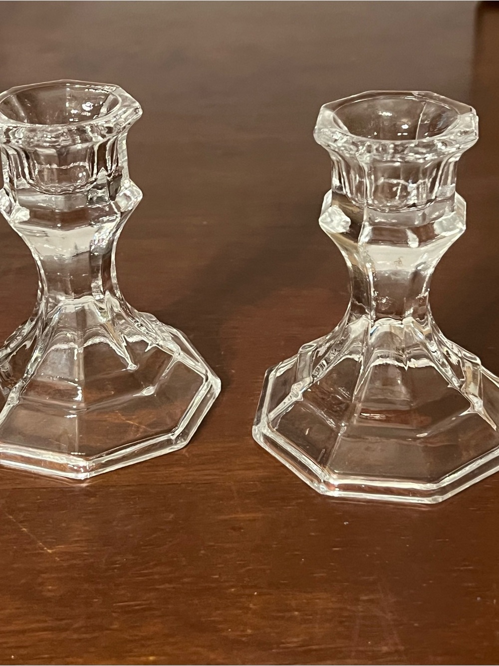 Pair of Clear Glass Hexagonal Candlesticks - Classic Taper Holders 4”